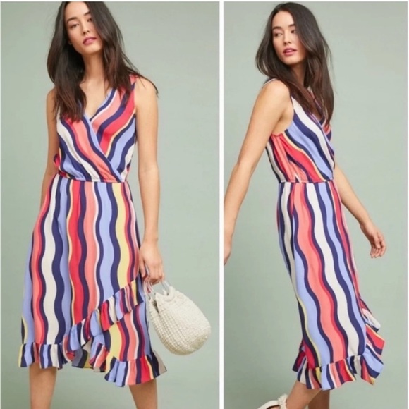 Anthropologie Plenty Tracy Reese Daphne Striped Faux Wrap Midi Dress Blue Small - Picture 1 of 9